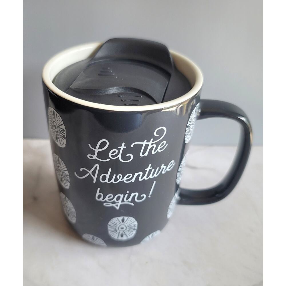 Let the Adventure Begin Coffee Mug with Lid by Opal House Black White Deco Art